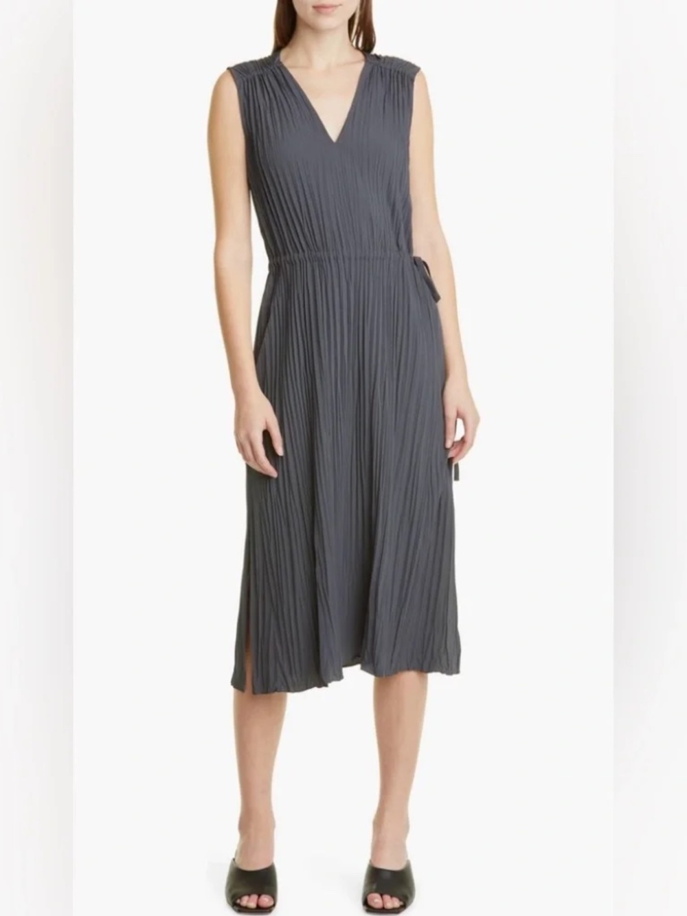VINCE Grecian Pleated V-Neck Dress with Drawstring Waist XXS 0